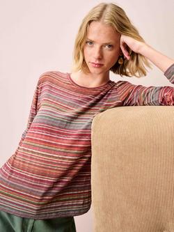 Brora Fine Stripe Jersey Top - view 2, Paprika/Slate