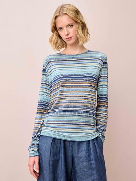 Brora Fine Stripe Jersey Top, Sky/Caramel