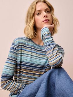 Brora Fine Stripe Jersey Top - view 2, Sky/Caramel