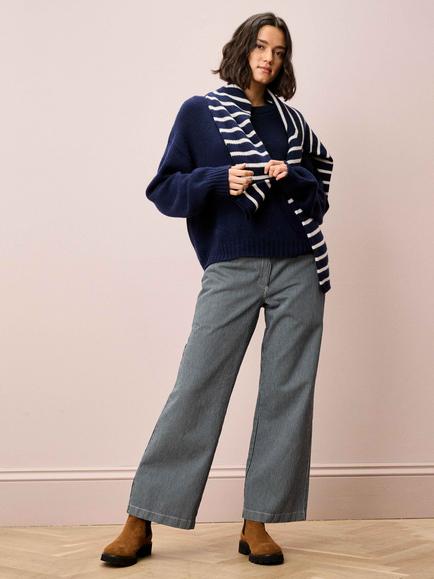 Brora Stripe Cotton Canvas Trousers, Midnight/White - view 2, Midnight/White