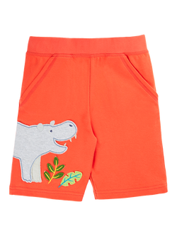 Frugi Kids' Sunny Cotton Hippo Applique Shorts, Papaya, Papaya
