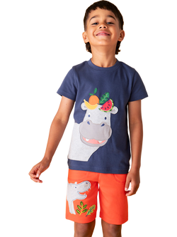 Frugi Kids' Sunny Cotton Hippo Applique Shorts, Papaya - view 2, Papaya