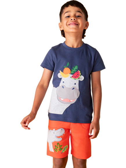 Frugi Kids' Sunny Cotton Hippo Applique Shorts, Papaya - view 2, Papaya