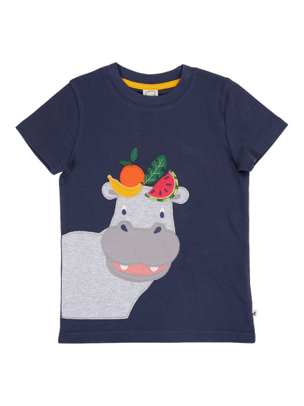 Frugi Kids' Carsen Short Sleeve Hippo Applique T-Shirt, Navy Blue, Navy Blue