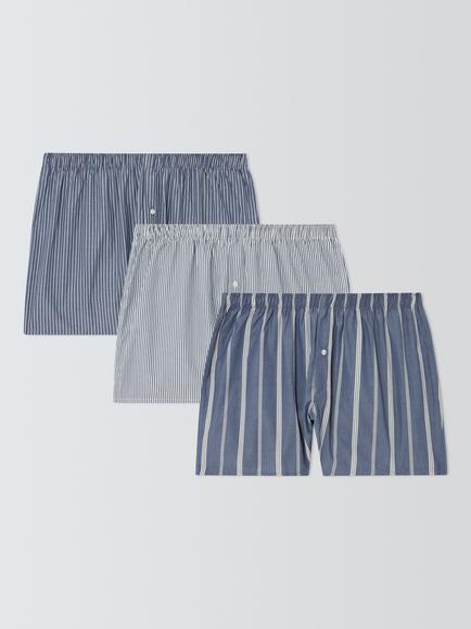 John Lewis Organic Cotton Stripe Boxer Shorts, Pack of 3, Blue Mid, Blue Mid