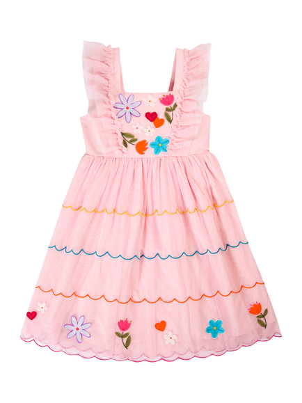 Frugi Kids' Marion Tulle Embroidered Tiered Party Dress, Blossom, Blossom