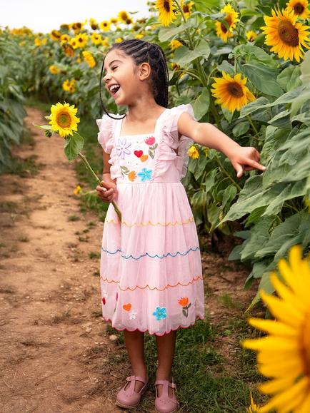 Frugi Kids' Marion Tulle Embroidered Tiered Party Dress, Blossom - view 2, Blossom