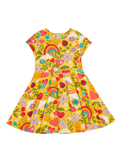 Frugi Kids' Spring Printed Skater Dress, Bumblebee, Bumblebee