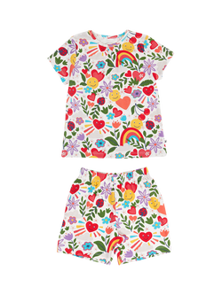 Frugi Kids' Fawn Short Sleeve Printed Pyjama Set, Soft White, Soft White