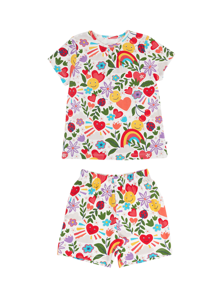 Frugi Kids' Fawn Short Sleeve Printed Pyjama Set, Soft White, Soft White