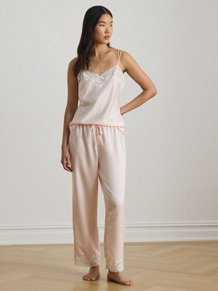 Lauren Ralph Lauren Satin Lace Camisole Long Pyjama Set, Pink
