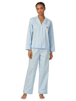 Lauren Ralph Lauren Embroidered Dog Button Down Long Pyjama Set, Light Blue, Light Blue