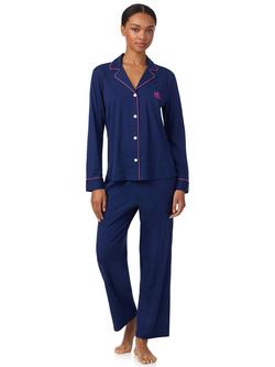 Lauren Ralph Lauren Contrast Trim Button Down Long Pyjama Set, Navy, Navy