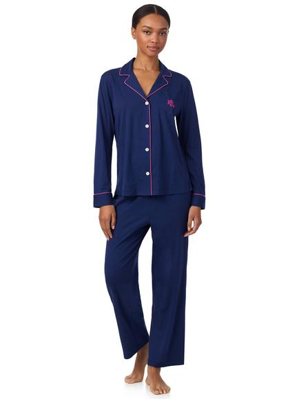 Lauren Ralph Lauren Contrast Trim Button Down Long Pyjama Set, Navy, Navy