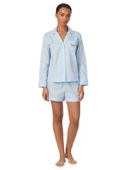 Lauren Ralph Lauren Embroidered Dog Button Down Short Pyjama Set, Light Blue, Light Blue