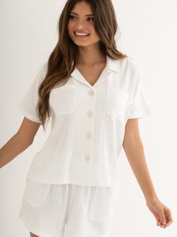 Pour Moi Woven Double Cloth Revere Collar Shirt and Shorts Pyjama Set, White, White