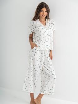 Pour Moi Woven Double Cloth Revere Collar Shirt Pyjama Set, White/Blue, White/Blue