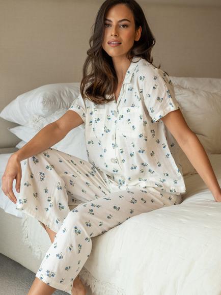 Pour Moi Woven Double Cloth Revere Collar Shirt Pyjama Set, White/Blue - view 2, White/Blue