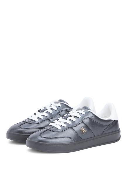 Tommy Hilfiger TH Monogram Metallic Leather Trainers - view 2, Black