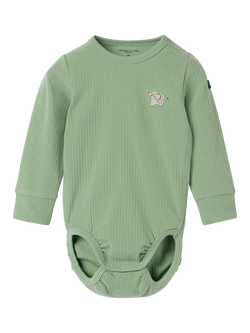Polarn O. Pyret Baby Rib Applique Elephant Bodysuit, Green Basil, Green Basil
