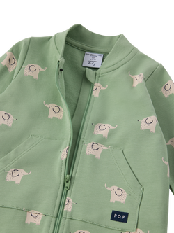Polarn O. Pyret Baby Elephant Print Sleepsuit, Green Basil - view 2, Green Basil