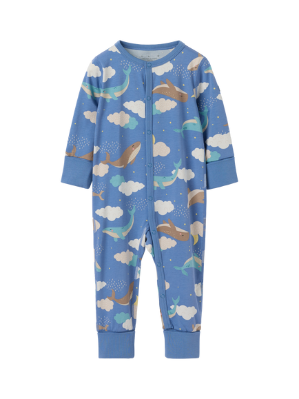 Polarn O. Pyret Baby Whale Print Sleepsuit, Airforce Blue, Airforce Blue