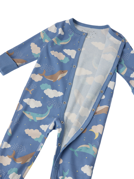 Polarn O. Pyret Baby Whale Print Sleepsuit, Airforce Blue - view 2, Airforce Blue
