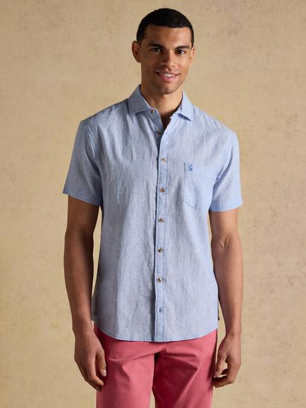 Joules Linen Rich Pinstripe Short Sleeve Shirt, Blue, Blue