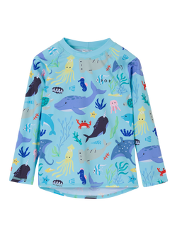 Polarn O. Pyret Kids' Sea Life Long Sleeve Rash Guard Swim Top, Blue, Blue