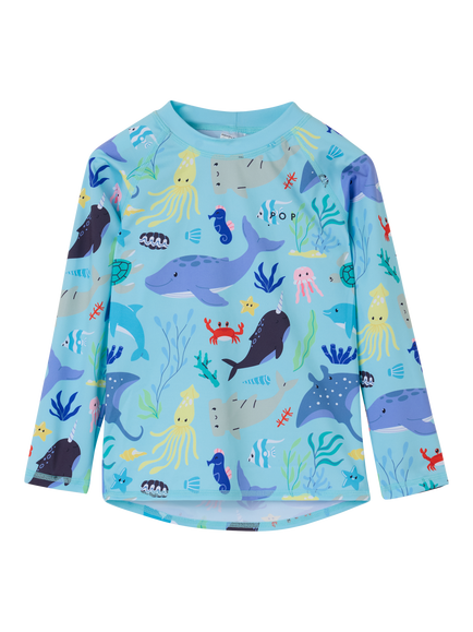 Polarn O. Pyret Kids' Sea Life Long Sleeve Rash Guard Swim Top, Blue, Blue