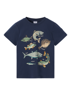 Polarn O. Pyret Kids' Fish Print T-Shirt, Indigo, Indigo
