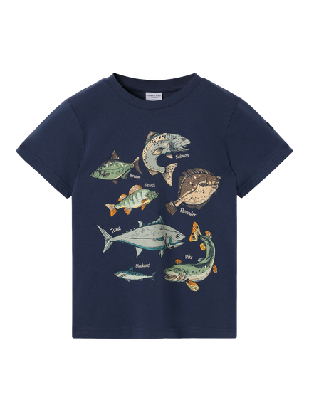 Polarn O. Pyret Kids' Fish Print T-Shirt, Indigo, Indigo
