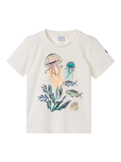 Polarn O. Pyret Kids' Cotton Sea Life Print T-Shirt, White, White
