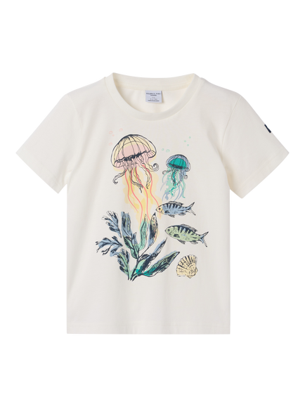Polarn O. Pyret Kids' Cotton Sea Life Print T-Shirt, White, White