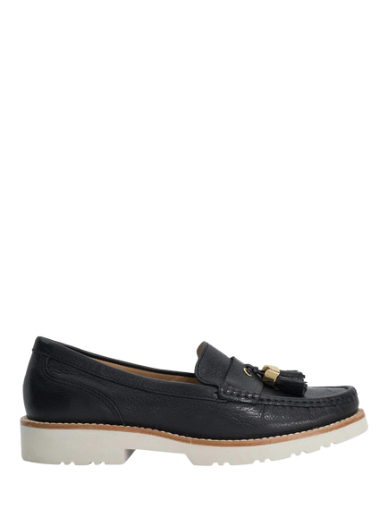 Dune London Gwen Wide Fit Leather Casual Tassel Trim Loafers, Black