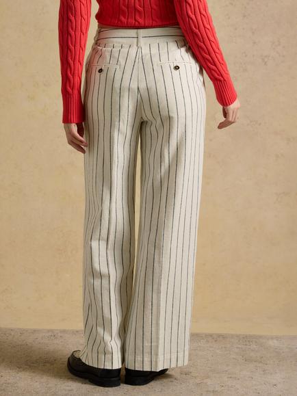 Joules Stripe Linen Rich Wide Leg Trousers, Cream/Navy - view 2, Cream/Navy