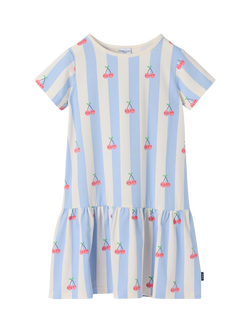 Polarn O. Pyret Kids' Cherry Stripe Drop Waist Dress, Blue, Blue