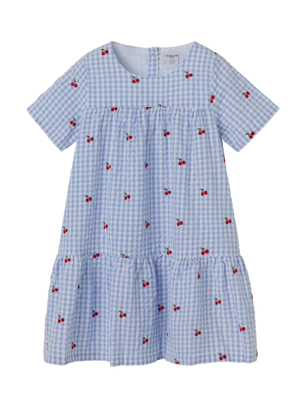 Polarn O. Pyret Kids' Cotton Cherry Embroidered Gingham Tiered Dress, Blue, Blue