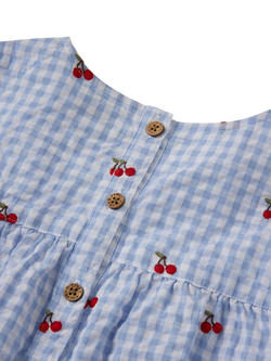 Polarn O. Pyret Kids' Cotton Cherry Embroidered Gingham Tiered Dress, Blue - view 2, Blue