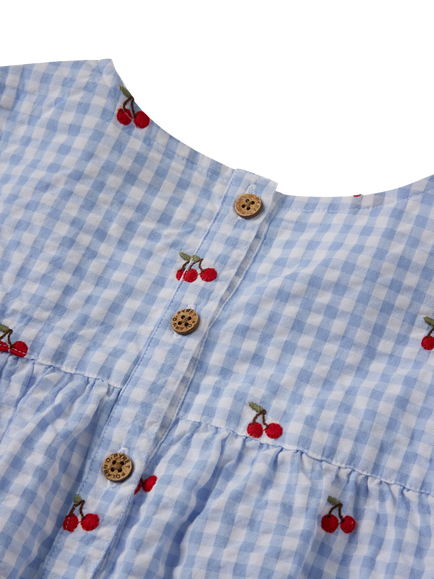 Polarn O. Pyret Kids' Cotton Cherry Embroidered Gingham Tiered Dress, Blue - view 2, Blue