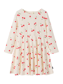 Polarn O. Pyret Kids' Cherry Print Long Sleeve Dress, White, White