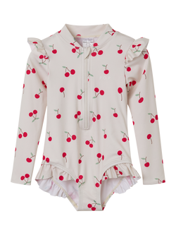 Polarn O. Pyret Kids' Cherry Print Long Sleeve Swimsuit, Natural, Natural