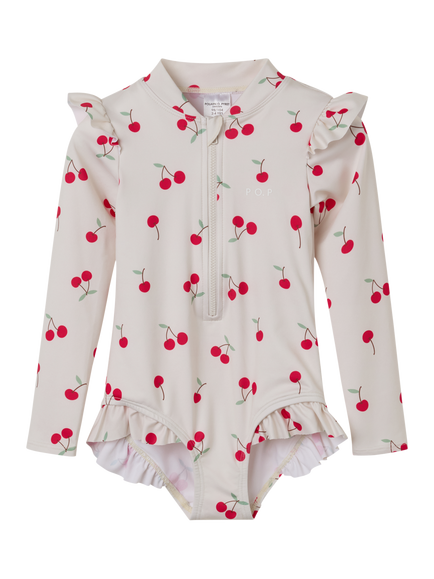 Polarn O. Pyret Kids' Cherry Print Long Sleeve Swimsuit, Natural, Natural