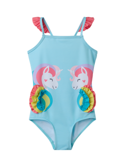 Polarn O. Pyret Kids' Frill Strap Unicorn Swimsuit, Turquoise, Turquoise