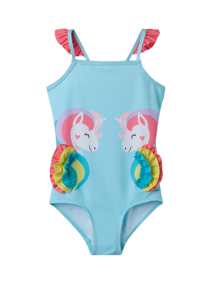 Polarn O. Pyret Kids' Frill Strap Unicorn Swimsuit, Turquoise, Turquoise