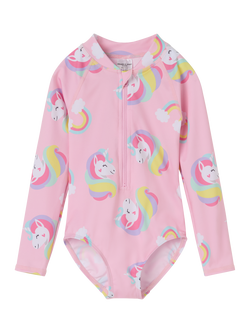 Polarn O. Pyret Kids' Long Sleeve Zipped Unicorn Print Swimsuit, Pink, Pink