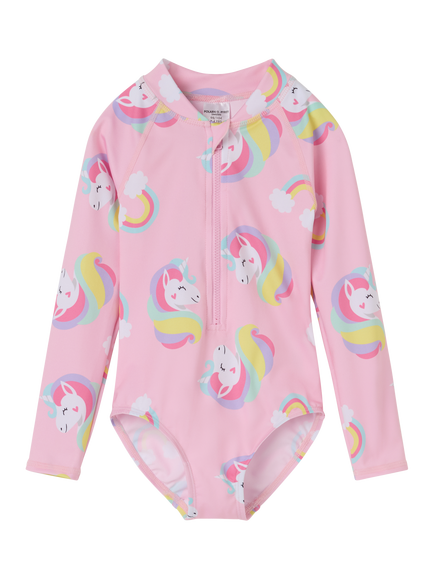 Polarn O. Pyret Kids' Long Sleeve Zipped Unicorn Print Swimsuit, Pink, Pink