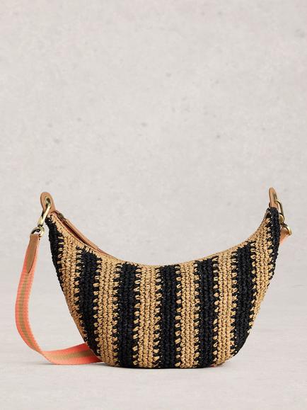 White Stuff Natalie Raffia Crescent Moon Crossbody Bag, Black/Multi, Black/Multi