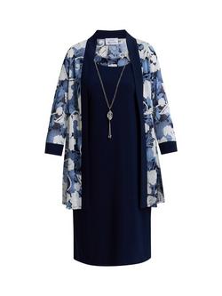Gina Bacconi Lidiya Necklace Dress Floral Jacket Set, Navy - view 2, Navy