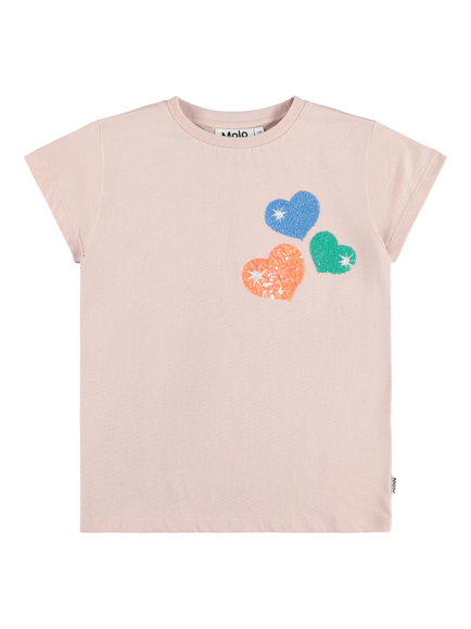 Molo Kids' Short Sleeve Sequin Heart T-Shirt, Petal Blush, Petal Blush